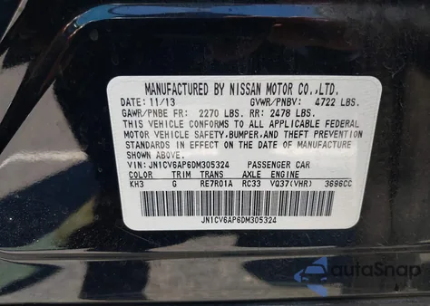 2013 Infiniti G37 Journey из США, поврежденный, VIN JN1CV6AP6DM305324